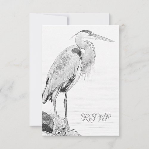 Beautiful Blue Heron Water Bird Sketch Wedding RSVP Card