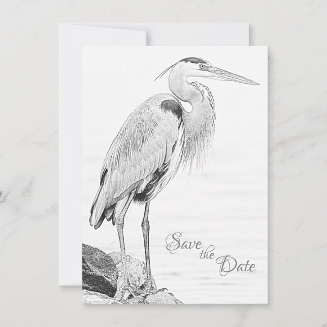 Beautiful Blue Heron Water Bird Sketch Wedding Save The Date (Front)