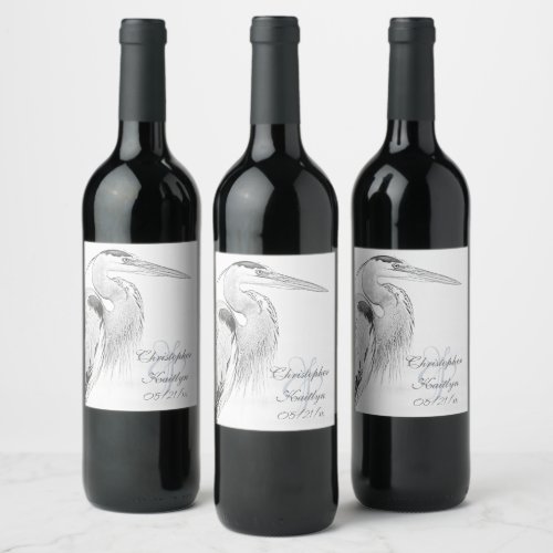 Beautiful Blue Heron Water Bird Sketch Wedding Wine Label