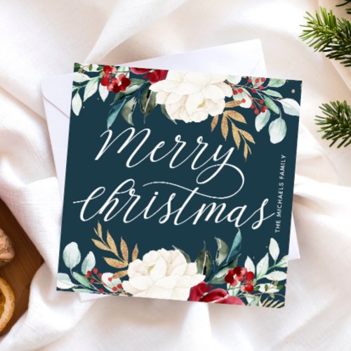 Beautiful Blue Holiday Floral Christmas Note Card