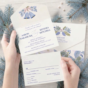 Beautiful Blue Holiday Wedding Bell All In One Invitation