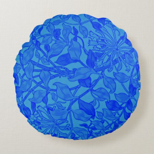 Beautiful Blue Honeysuckle Pattern by W Morris Round Pillow