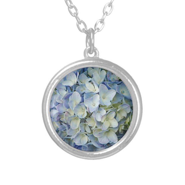Beautiful Blue Hydrangea Flowers Photo Silver Plated Necklace (Front)