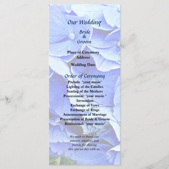 Beautiful blue Hydrangea Wedding Program (Front)