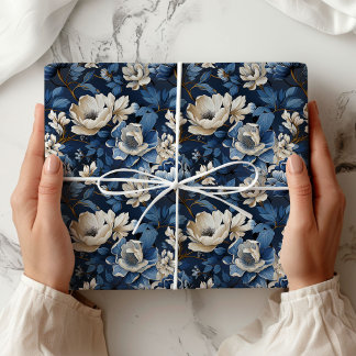 Beautiful Blue Ivory Floral Decorative Wrapping Paper