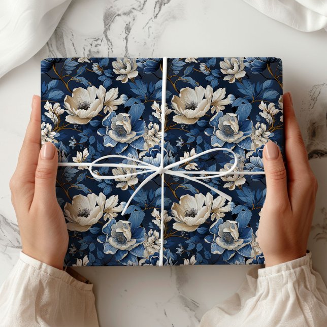 Beautiful Blue Ivory Floral Decorative Wrapping   Paper (Beautiful Blue Ivory Floral Decorative Wrapping Paper)