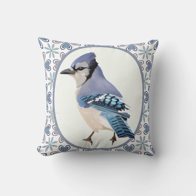 Beautiful Blue Jay Bird Throw Pillow (Front)