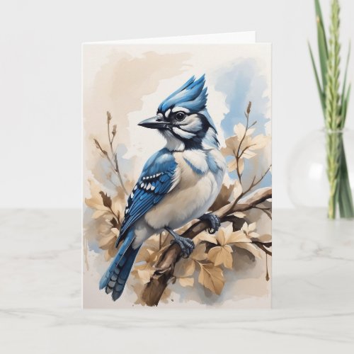 Beautiful Blue Jay Sitting in Tree Leaves Blank Card