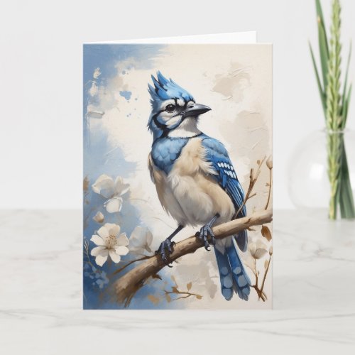 Beautiful Blue Jay Sitting on Tree Flowers Blank Card