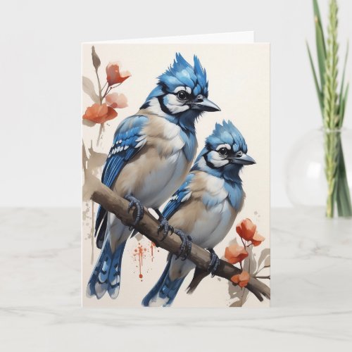 Beautiful Blue Jays Sitting in Tree Flowers Blank Card