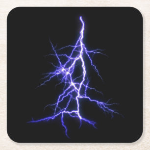 Beautiful Blue Lightning on Black Background Square Paper Coaster