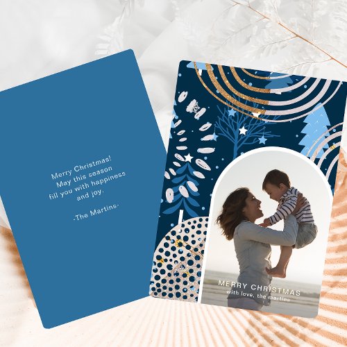 Beautiful Blue Merry Christmas Photo with Message Holiday Card