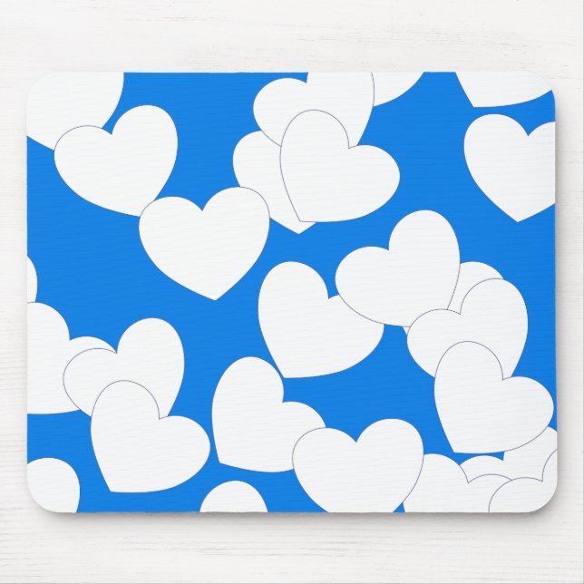 Beautiful Blue Mousepad With Big White Hearts (Front)