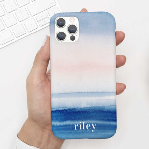 Beautiful Blue Ocean Beach Sky Watercolor + Name iPhone 11 Case