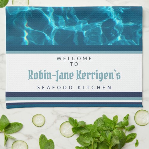 Beautiful blue ocean waves inspired custom text ki kitchen towel