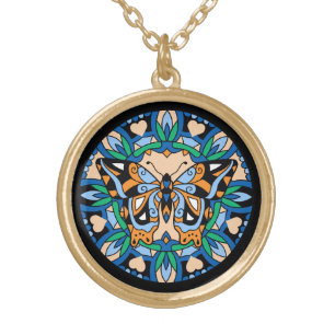 Beautiful Blue Orange Butterfly Mandala Gold Plated Necklace