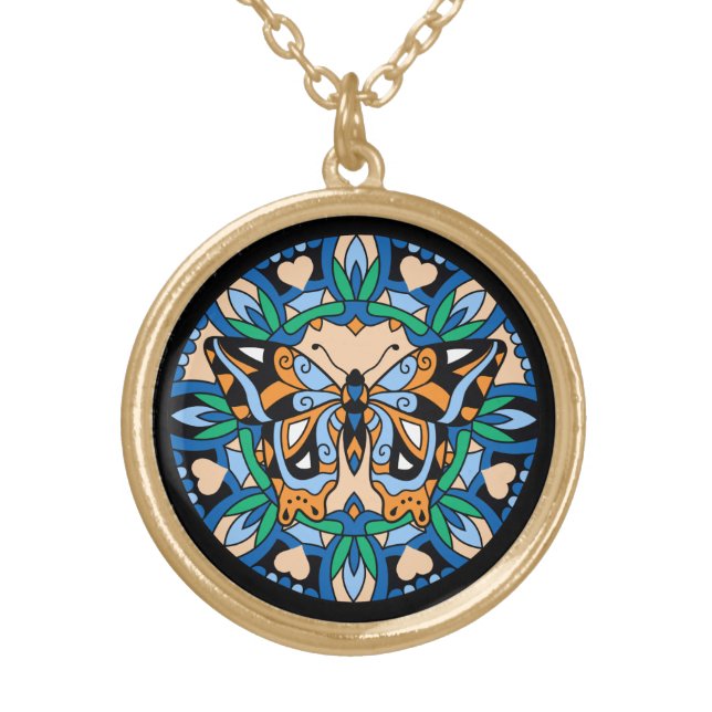 Beautiful Blue Orange Butterfly Mandala Gold Plated Necklace (Front)