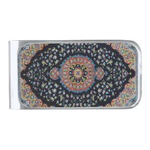 Beautiful Blue Oriental Antique Kilim Rug Silver Finish Money Clip