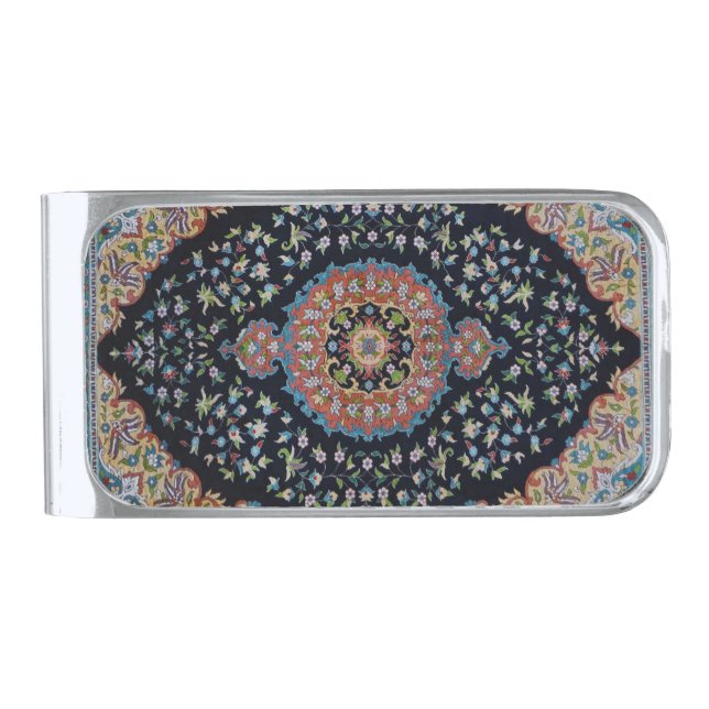 Beautiful Blue Oriental Antique Kilim Rug  Silver Finish Money Clip (Front)