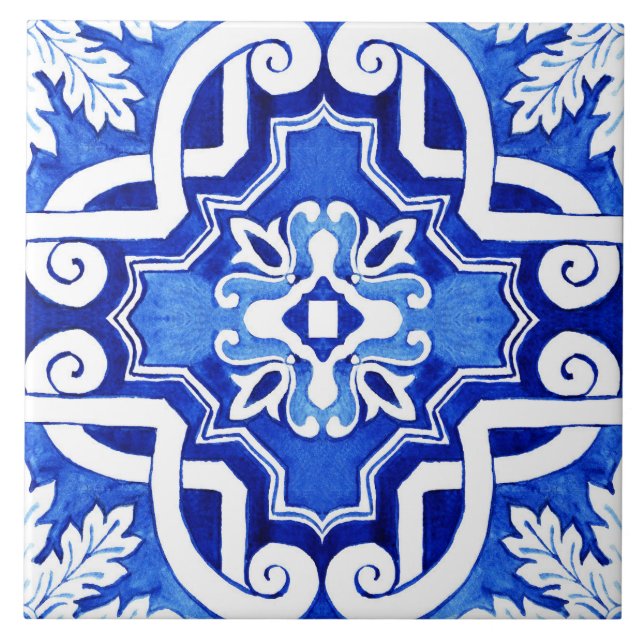 Beautiful Blue Painted Style Ceramic Tile. Tile (Front)