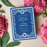Beautiful Blue Papel Picado Inspired Wedding Invitation<br><div class="desc">This beautiful papel picado inspired wedding invitation design features an ornate frame in white, colorful blue background, and modern typography. This elegant yet modern design is a fabulous choice for a Latinx wedding or Mexico destination wedding. You can customize this design even further by adding a photo or additional text...</div>