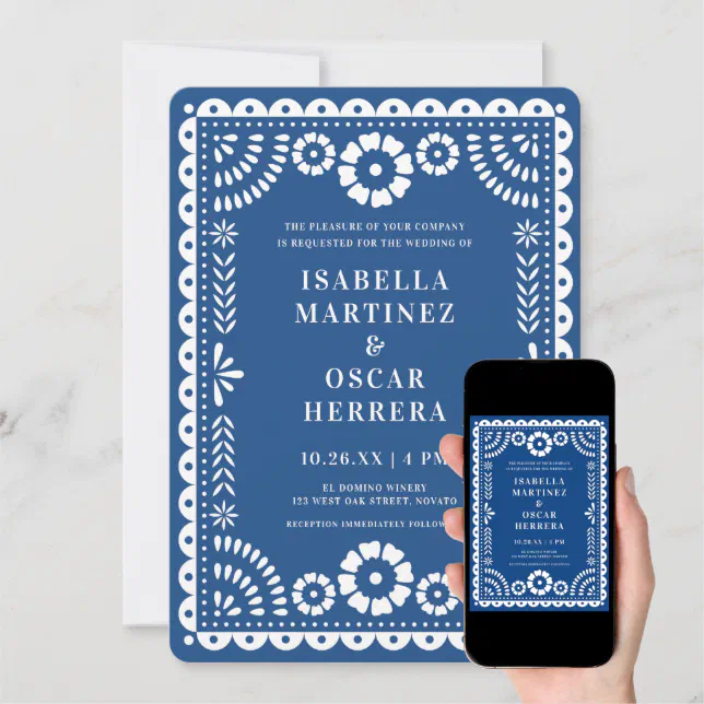 Beautiful Blue Papel Picado Inspired Wedding Invitation | Zazzle