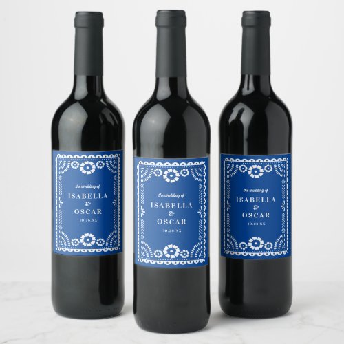Beautiful Blue Papel Picado Inspired Wedding Wine Label