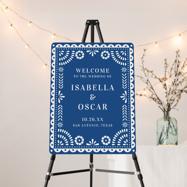 Beautiful Blue Papel Picado Wedding Welcome Sign (In Situ (Stand))
