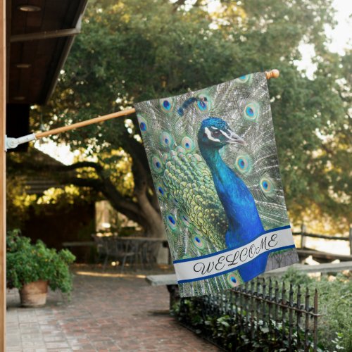 Beautiful Blue Peacock Feathers Welcome House Flag