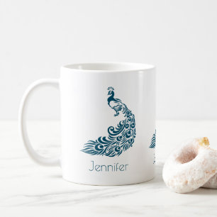 Beautiful Blue Peacock Illustration Custom Coffee Mug