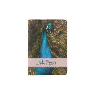 Beautiful Blue Peacock with Open Tail Feathers Passport Holder