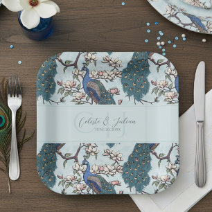 Beautiful Blue Peacocks & Magnolia Flowers Blue Paper Plates