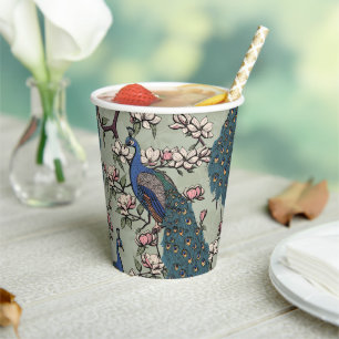 Beautiful Blue Peacocks & Magnolia Flowers Green Paper Cups