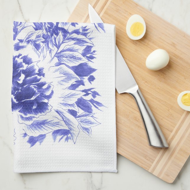 Beautiful Blue Peony Kitchen Towel (Quarter Fold)