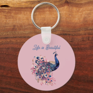 Beautiful Blue Pink Navy Blue Peacock Keychain