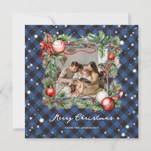 Beautiful Blue Plaid Photo Merry Christmas Card