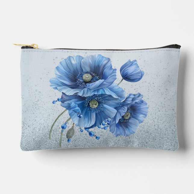 Beautiful Blue Poppies On a Blue Glitter Back Accessory Pouch (Front)