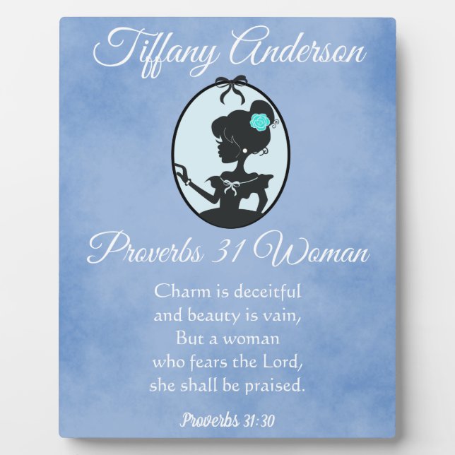 Beautiful Blue Proverbs 31 Woman Silhouette Plaque (Front)