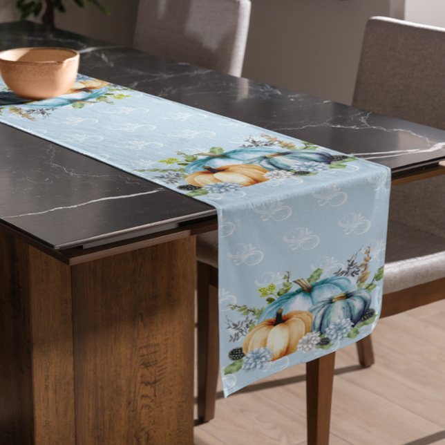Beautiful Blue Pumpkin Autumn Watercolor Fall Short Table Runner (Creator Uploaded)