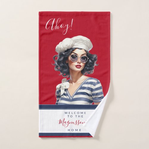 Beautiful blue red Nautical pin_up girl custom Bath Towel Set