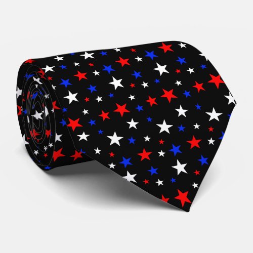 Beautiful Blue Red White Stars on Black Neck Tie