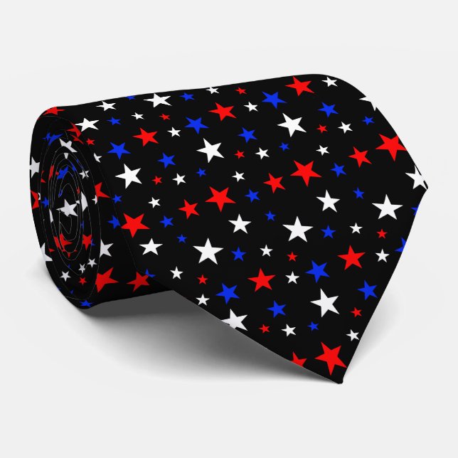 Beautiful Blue Red White Stars on Black Neck Tie (Rolled)