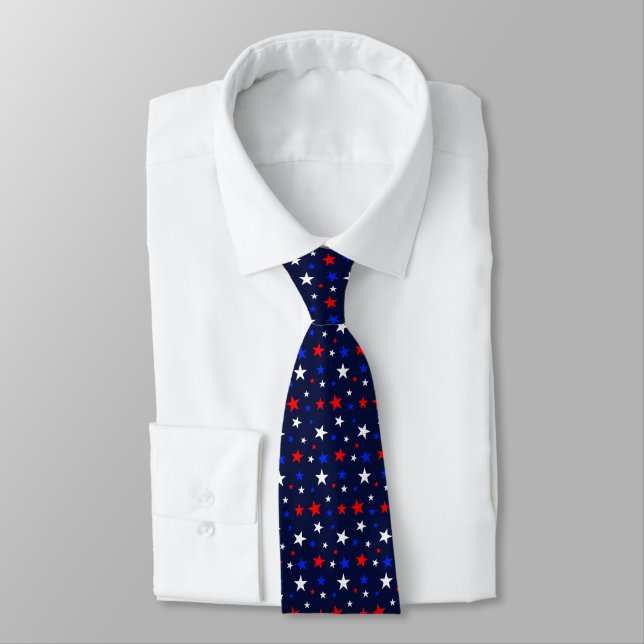Beautiful Blue Red White Stars on Navy Blue Neck Tie (Tied)