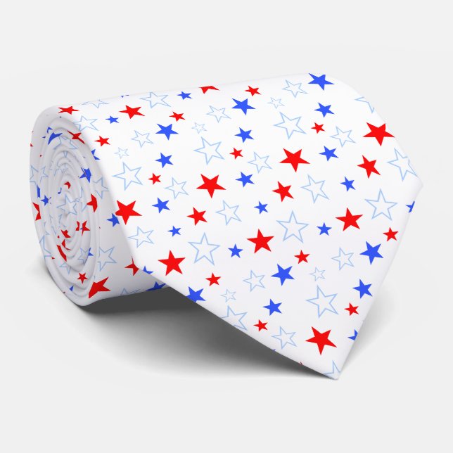 Beautiful Blue Red White Stars on White Neck Tie (Rolled)