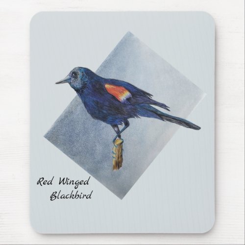 Beautiful Blue Red Winged Blackbird Original Art   Mouse Pad