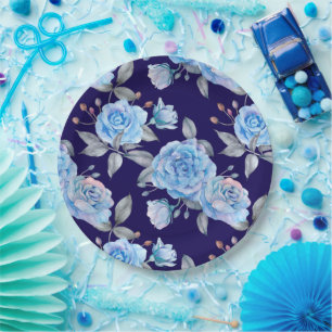 Beautiful blue roses, navy blue background, paper plates