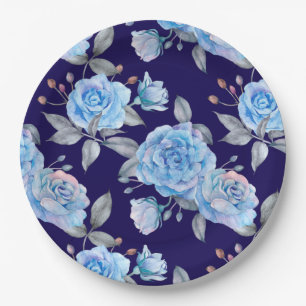 Beautiful blue roses, navy blue background, paper plates