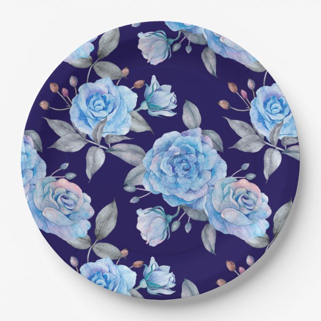 Beautiful blue roses, navy blue background, paper plates (Front)