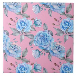 Beautiful blue roses, pastel pink background, ceramic tile