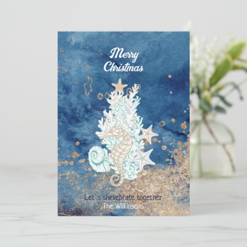 Beautiful blue sand color coastal custom Christmas Holiday Card